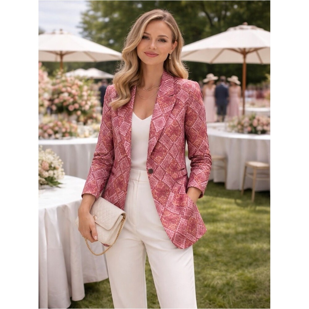 See You Soon x Anthropologie Brick Red Geometric Print Blazer Size Small NWT
